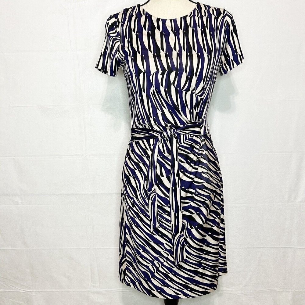 Diane Von Furstenberg Faux Wrap 100% Silk Dress Blue Black White Size 4